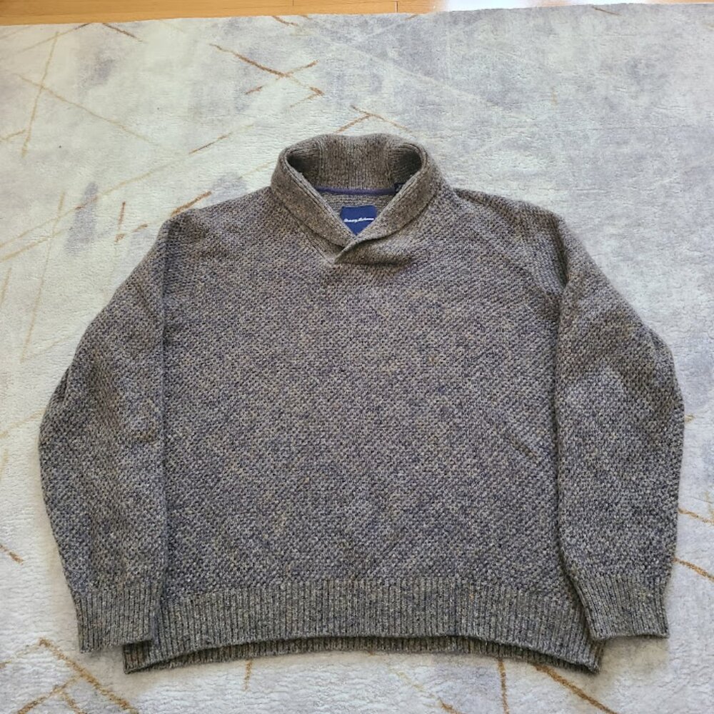 Tommy Bahama Shawl Collar Merino Wool Linen Blend Sweater L Boxy Fit Gray Brown